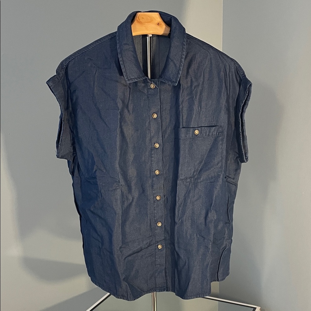 Women's Blue Button-Up Blouse new short sleeve